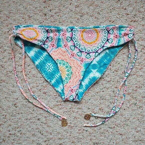 LULI FAMA Bikini Bottom Womens M Multicolor Geometric Charms Logo Cinched 14.5x9 - Picture 1 of 7
